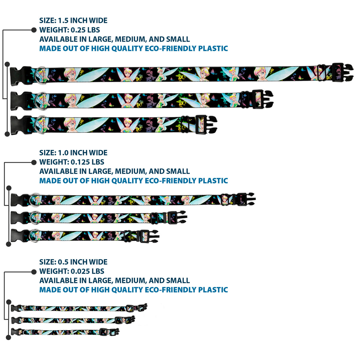 Plastic Clip Collar - Glowing Tinker Bell Poses/Butterflies & Flowers Black/Multi Neon Dog Collars Plastic Clip Side Release Disney