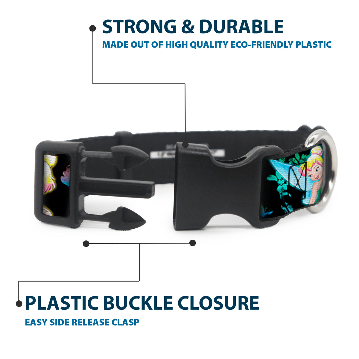 Plastic Clip Collar - Glowing Tinker Bell Poses/Butterflies & Flowers Black/Multi Neon Dog Collars Plastic Clip Side Release Disney