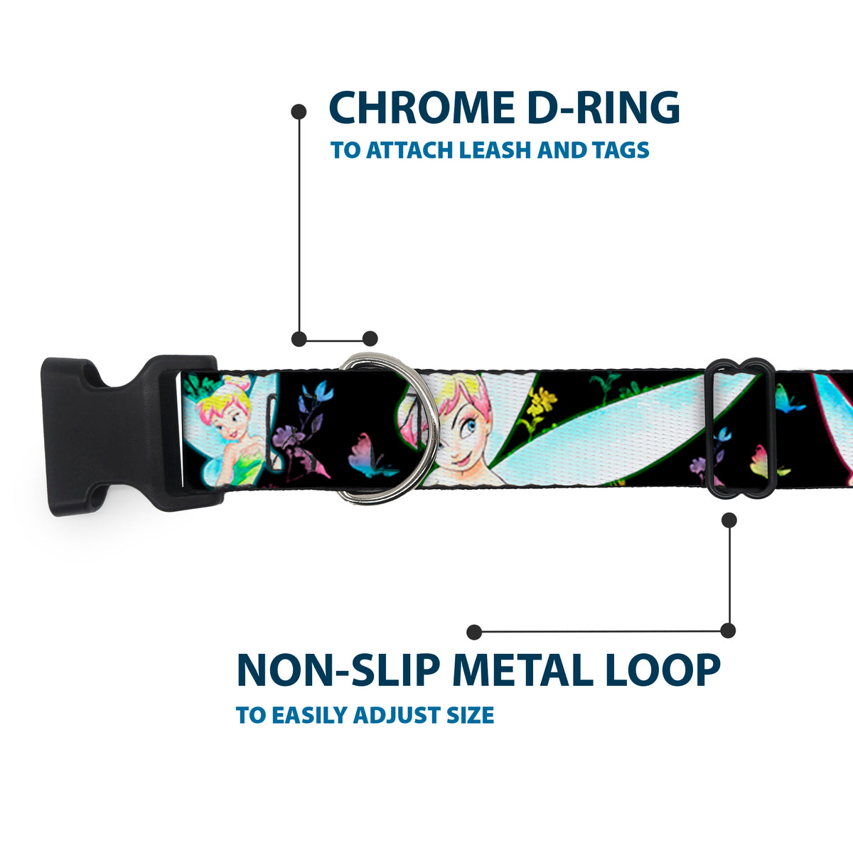 Plastic Clip Collar - Glowing Tinker Bell Poses/Butterflies & Flowers Black/Multi Neon Dog Collars Plastic Clip Side Release Disney