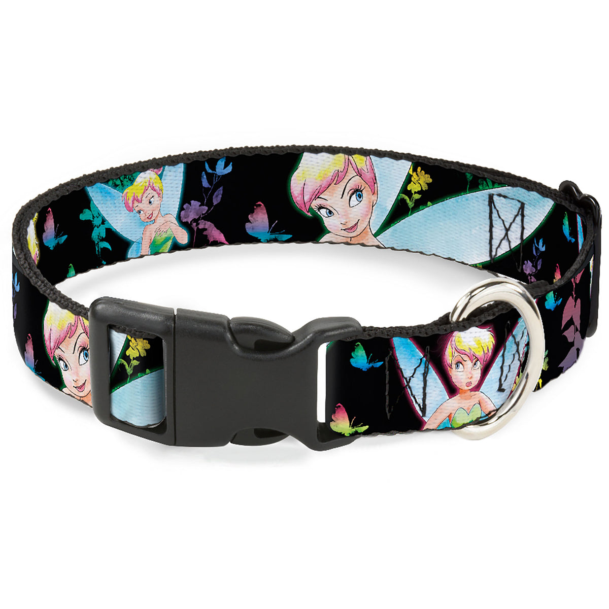Plastic Clip Collar - Glowing Tinker Bell Poses/Butterflies & Flowers Black/Multi Neon Dog Collars Plastic Clip Side Release Disney