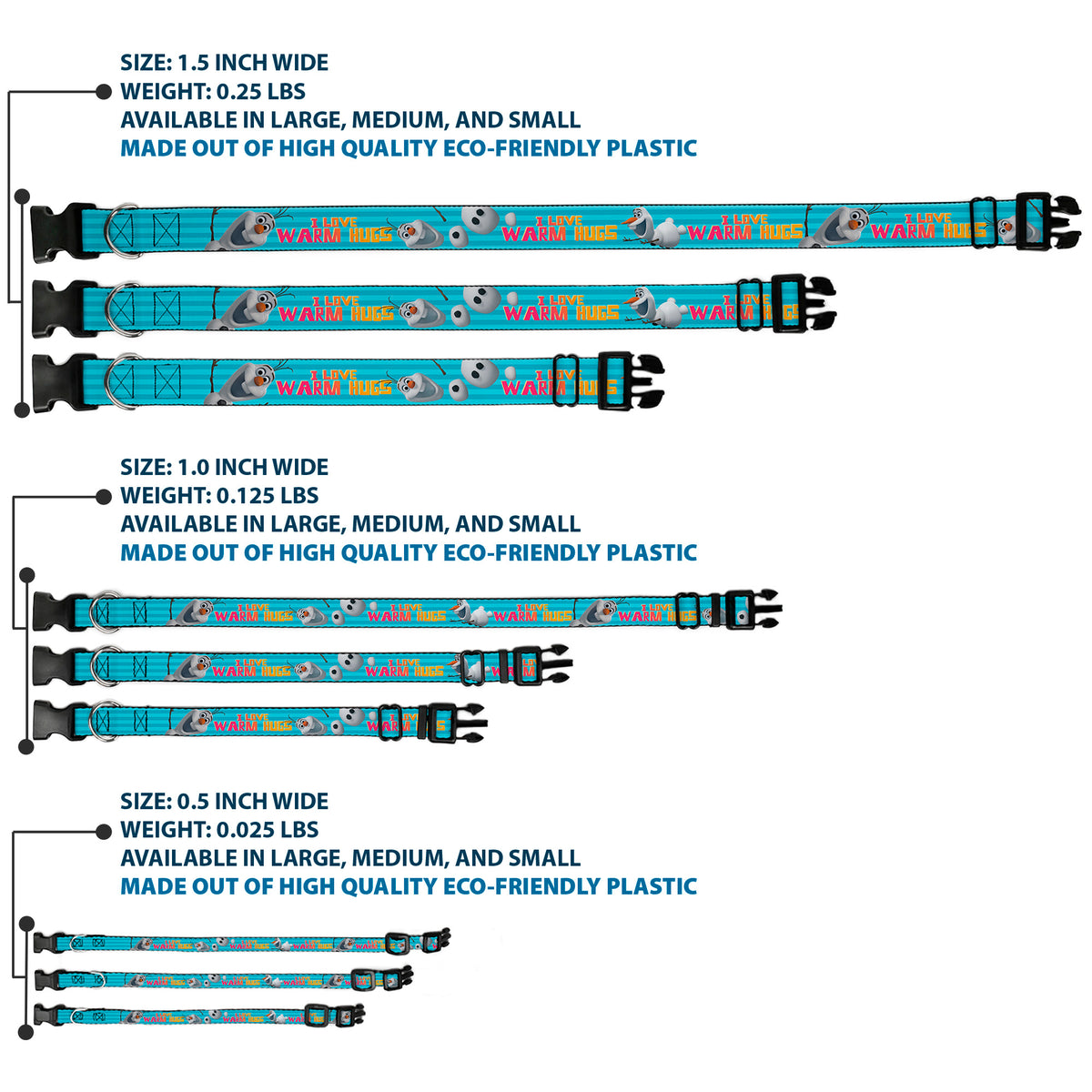 Plastic Clip Collar - Olaf Pose I LOVE WARM HUGS Stripe Blues Dog Collars Plastic Clip Side Release Disney