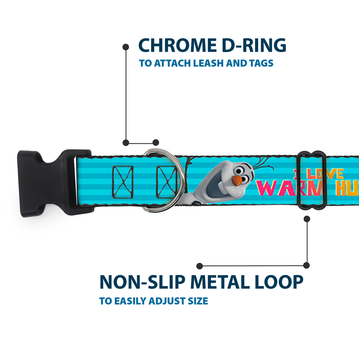 Plastic Clip Collar - Olaf Pose I LOVE WARM HUGS Stripe Blues Dog Collars Plastic Clip Side Release Disney