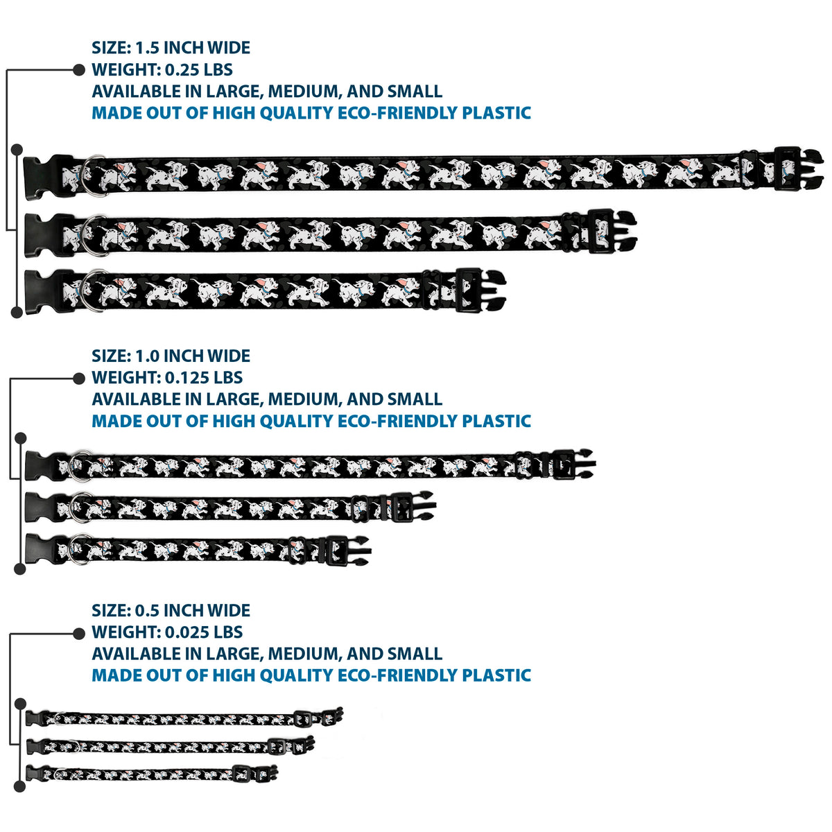 Plastic Clip Collar - Dalmatians Running/Paws Black/Gray/White/Black Dog Collars Plastic Clip Side Release Disney