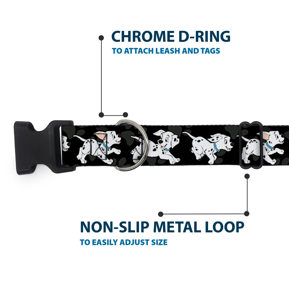 Plastic Clip Collar - Dalmatians Running/Paws Black/Gray/White/Black Dog Collars Plastic Clip Side Release Disney
