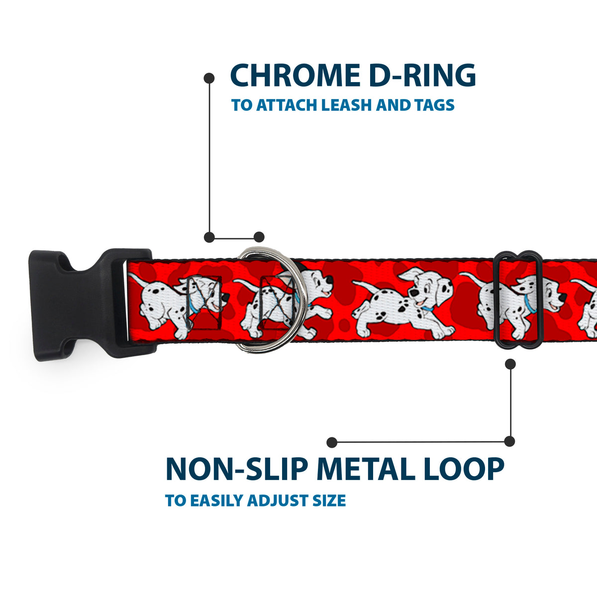 Plastic Clip Collar - Dalmatians Running/Paws Reds/White/Black Dog Collars Plastic Clip Side Release Disney