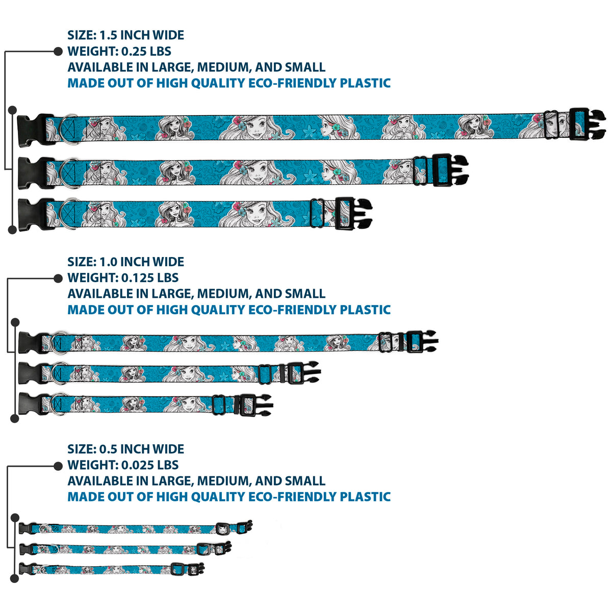 Plastic Clip Collar - Ariel Poses/Shells Sketch Blue/White Dog Collars Plastic Clip Side Release Disney