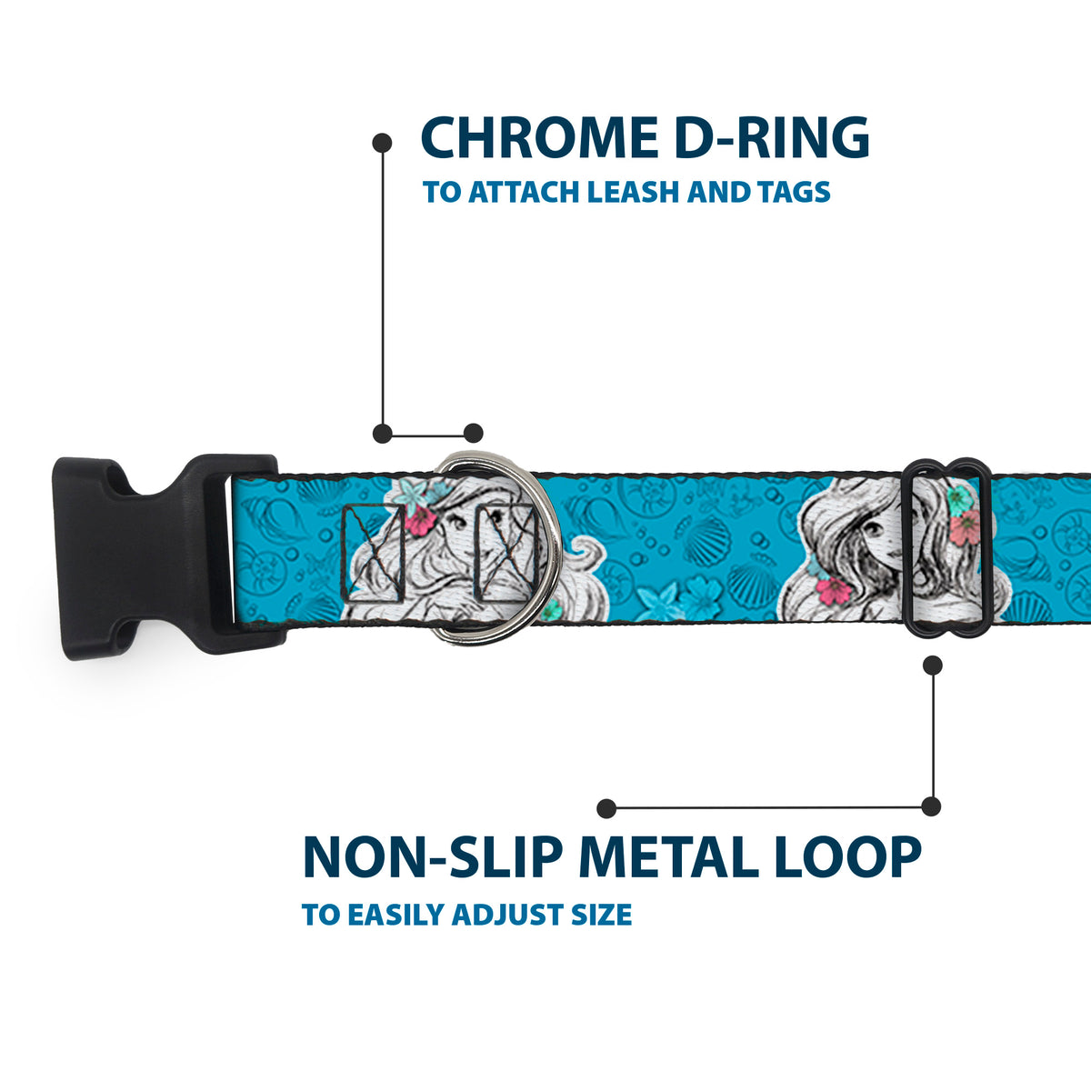 Plastic Clip Collar - Ariel Poses/Shells Sketch Blue/White Dog Collars Plastic Clip Side Release Disney