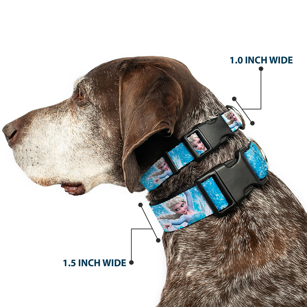 Plastic Clip Collar - Frozen Elsa Face/Action Pose/Snowflakes Blues/White Dog Collars Plastic Clip Side Release Disney