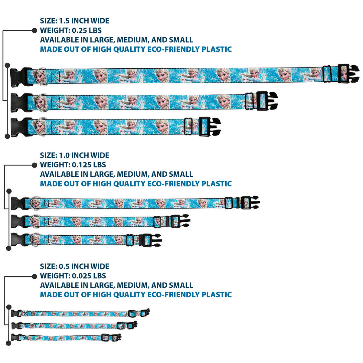 Plastic Clip Collar - Frozen Elsa Face/Action Pose/Snowflakes Blues/White Dog Collars Plastic Clip Side Release Disney