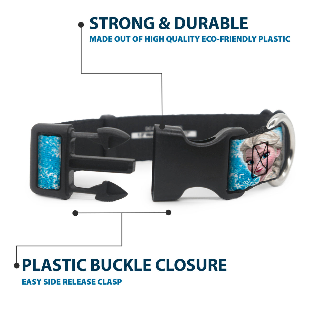 Plastic Clip Collar - Frozen Elsa Face/Action Pose/Snowflakes Blues/White Dog Collars Plastic Clip Side Release Disney