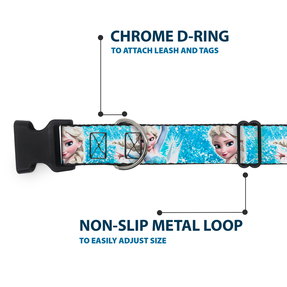 Plastic Clip Collar - Frozen Elsa Face/Action Pose/Snowflakes Blues/White Dog Collars Plastic Clip Side Release Disney