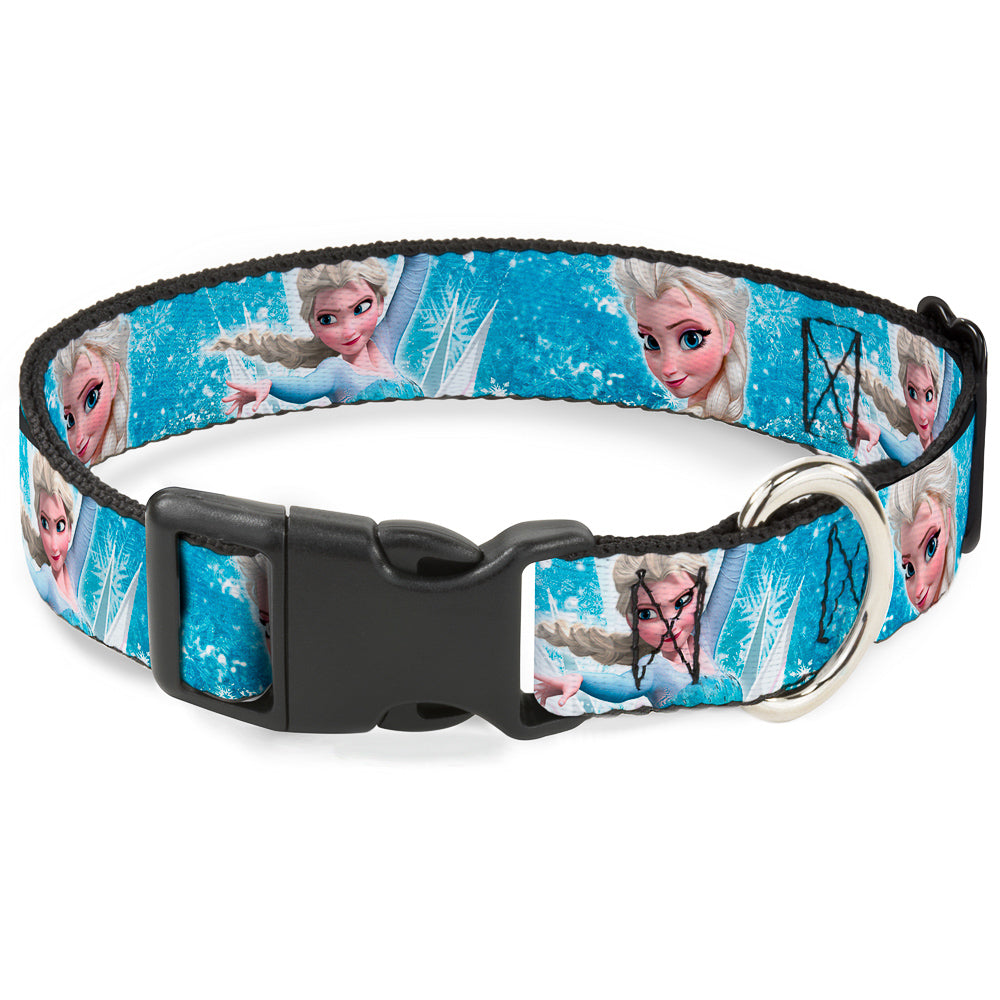 Plastic Clip Collar - Frozen Elsa Face/Action Pose/Snowflakes Blues/White Dog Collars Plastic Clip Side Release Disney