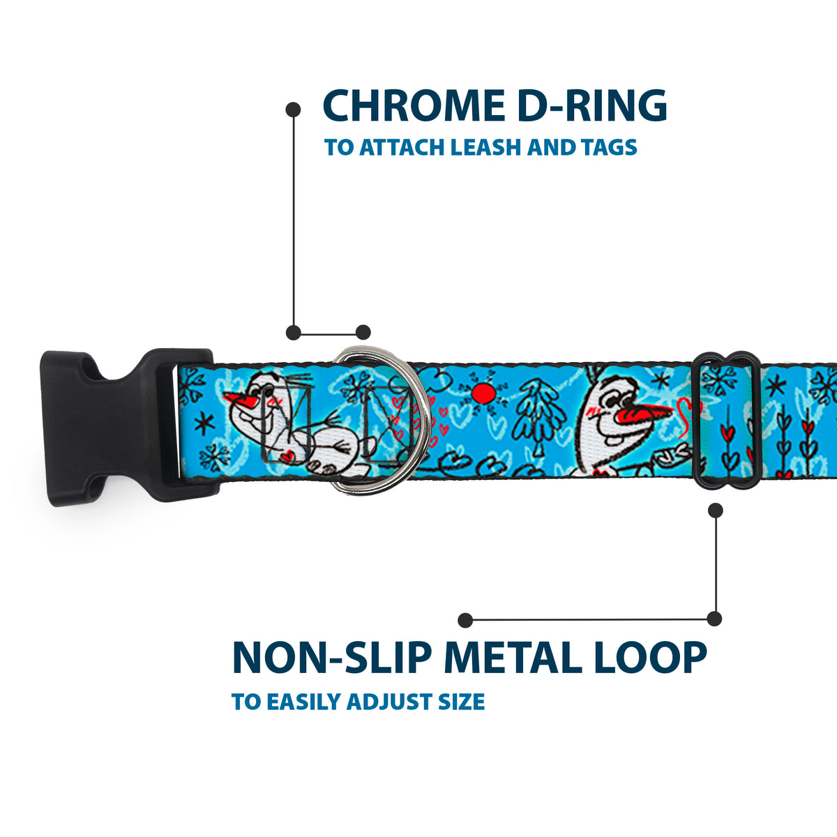 Plastic Clip Collar - Olaf Heart Raindrop Sketch Blues/Black Dog Collars Plastic Clip Side Release Disney