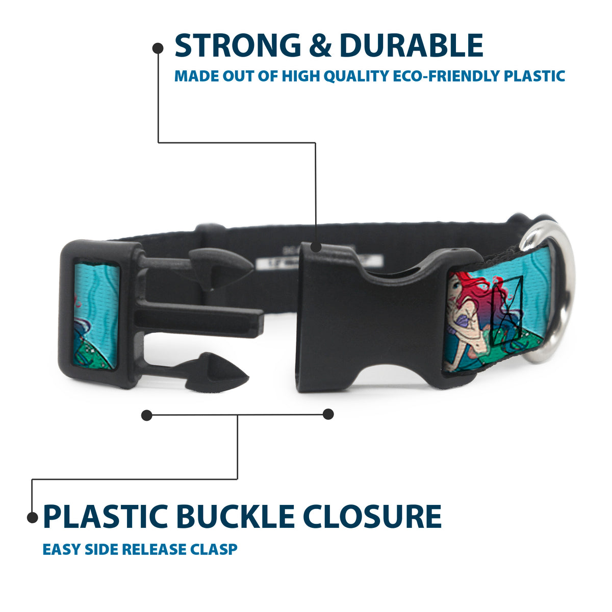 Plastic Clip Collar - Ariel Poses Coral & Castle Blues/Reds Dog Collars Plastic Clip Side Release Disney