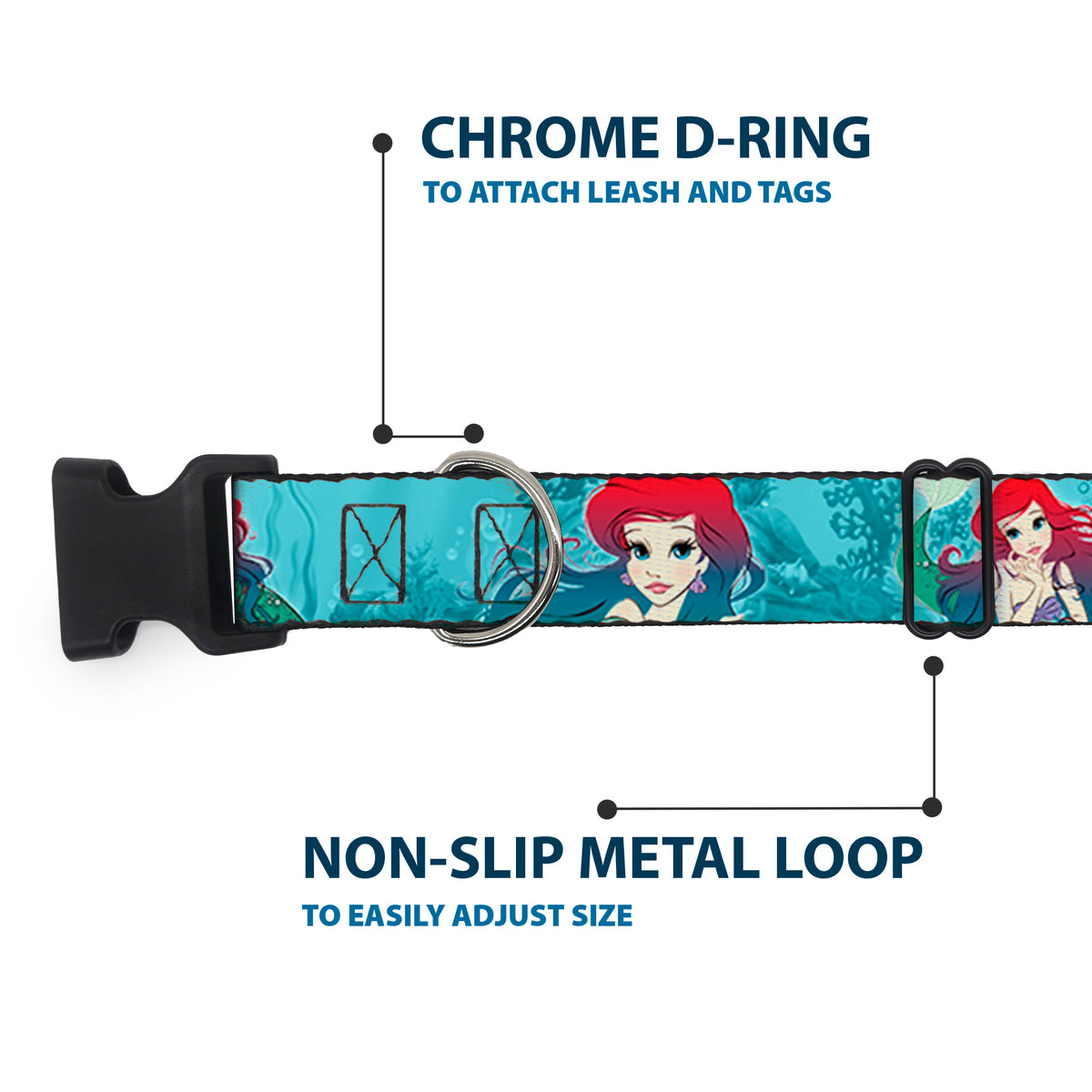 Plastic Clip Collar - Ariel Poses Coral & Castle Blues/Reds Dog Collars Plastic Clip Side Release Disney