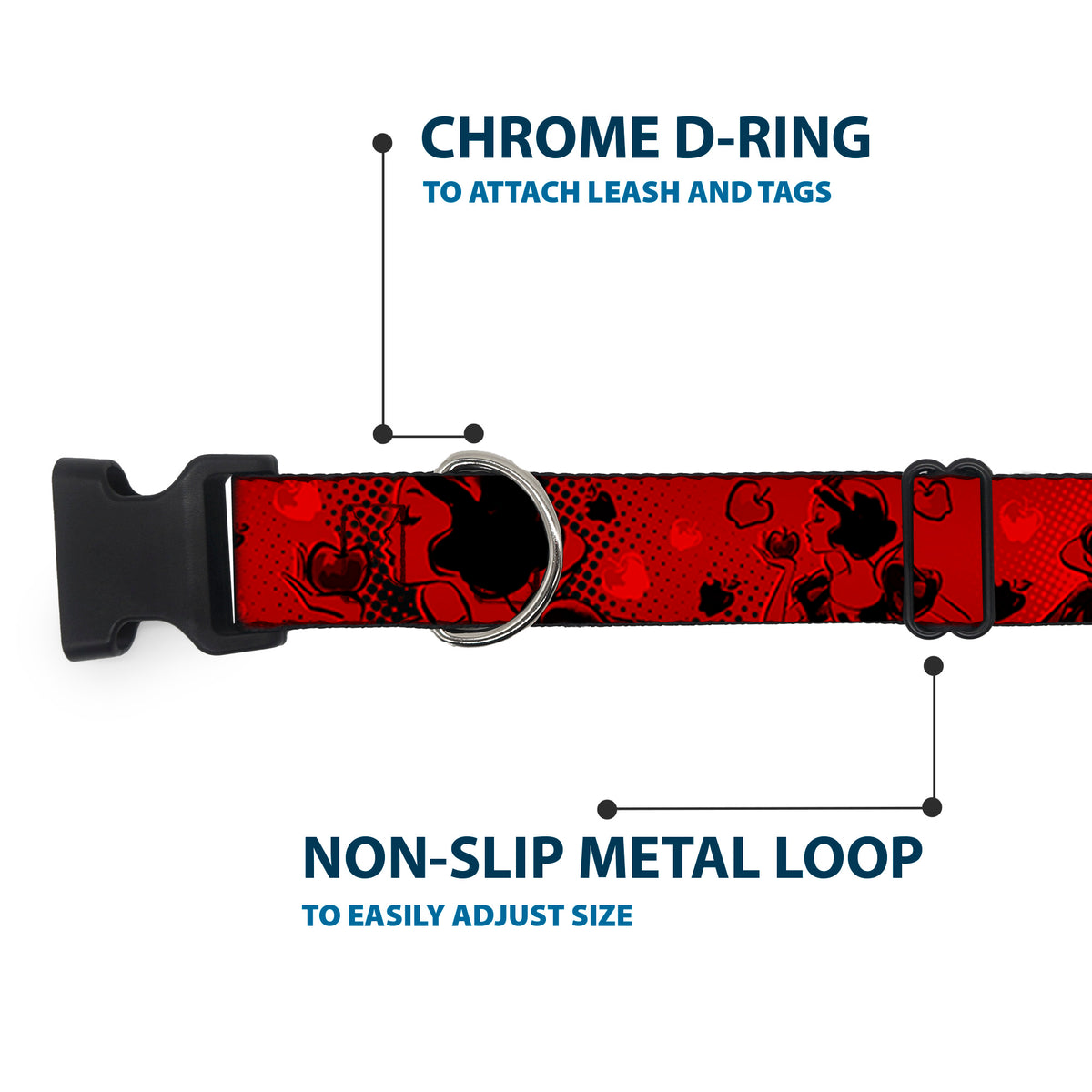 Plastic Clip Collar - SNOW WHITE Poses/Apple Halftone Reds/Black Dog Collars Plastic Clip Side Release Disney