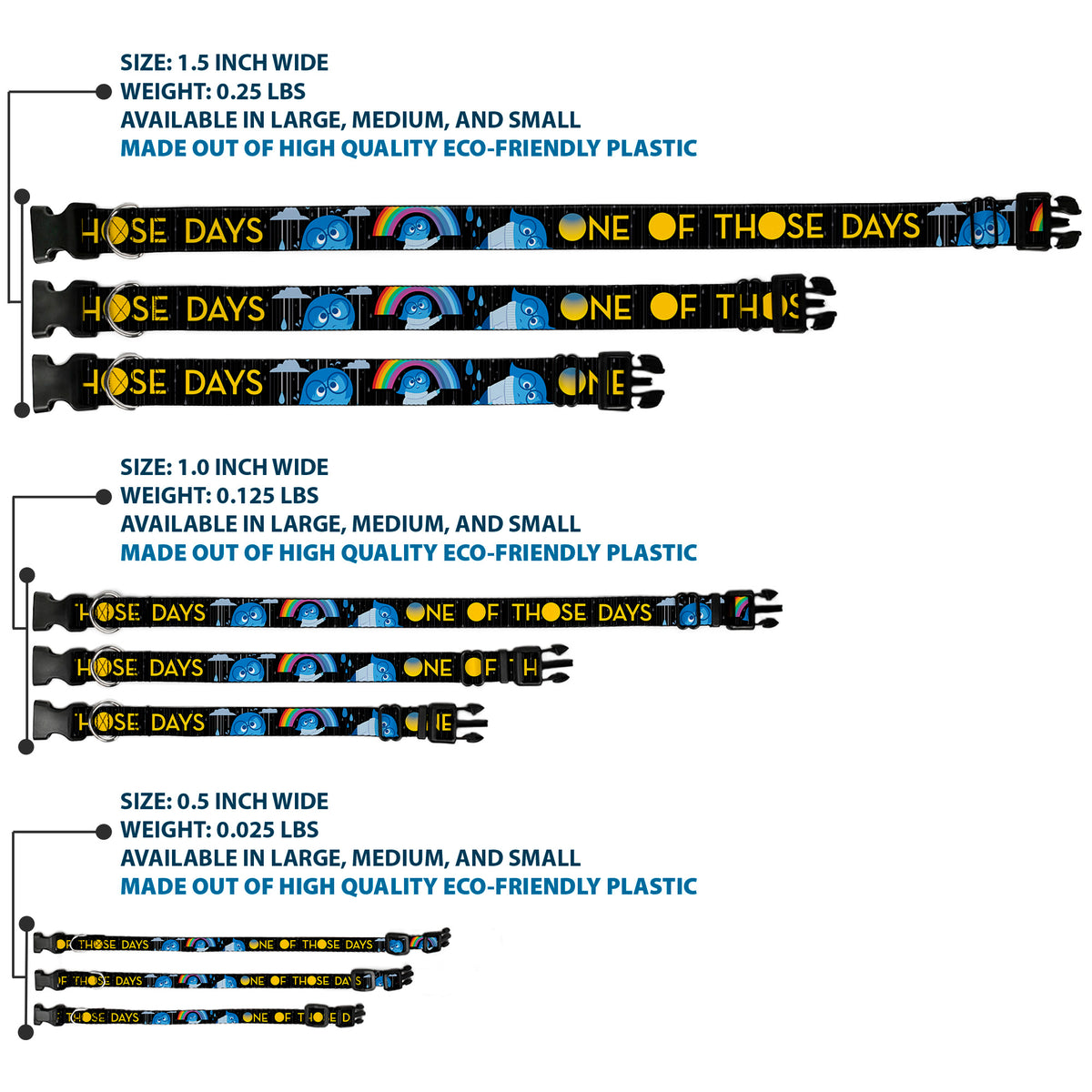 Plastic Clip Collar - Joy Poses/Rain ONE OF THOSE DAYS Black/Gray/Blues/Yellow Dog Collars Plastic Clip Side Release Disney
