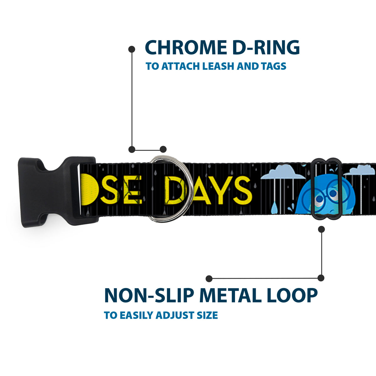 Plastic Clip Collar - Joy Poses/Rain ONE OF THOSE DAYS Black/Gray/Blues/Yellow Dog Collars Plastic Clip Side Release Disney
