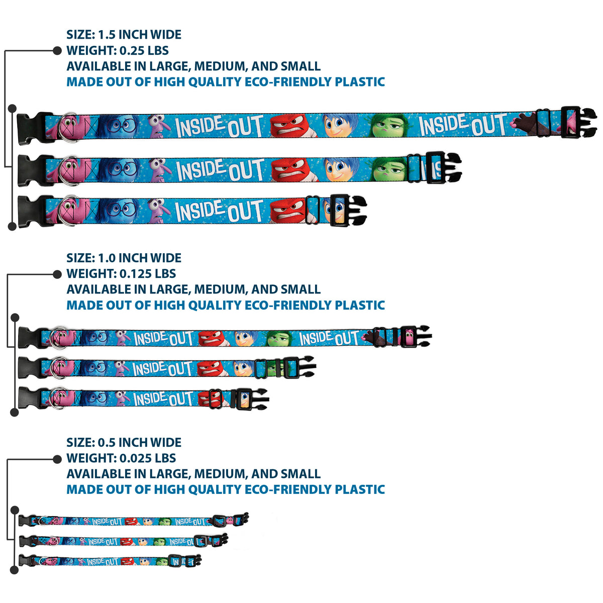 Plastic Clip Collar - INSIDE OUT 6-Character Pose Sparkle Blue/White Dog Collars Plastic Clip Side Release Disney