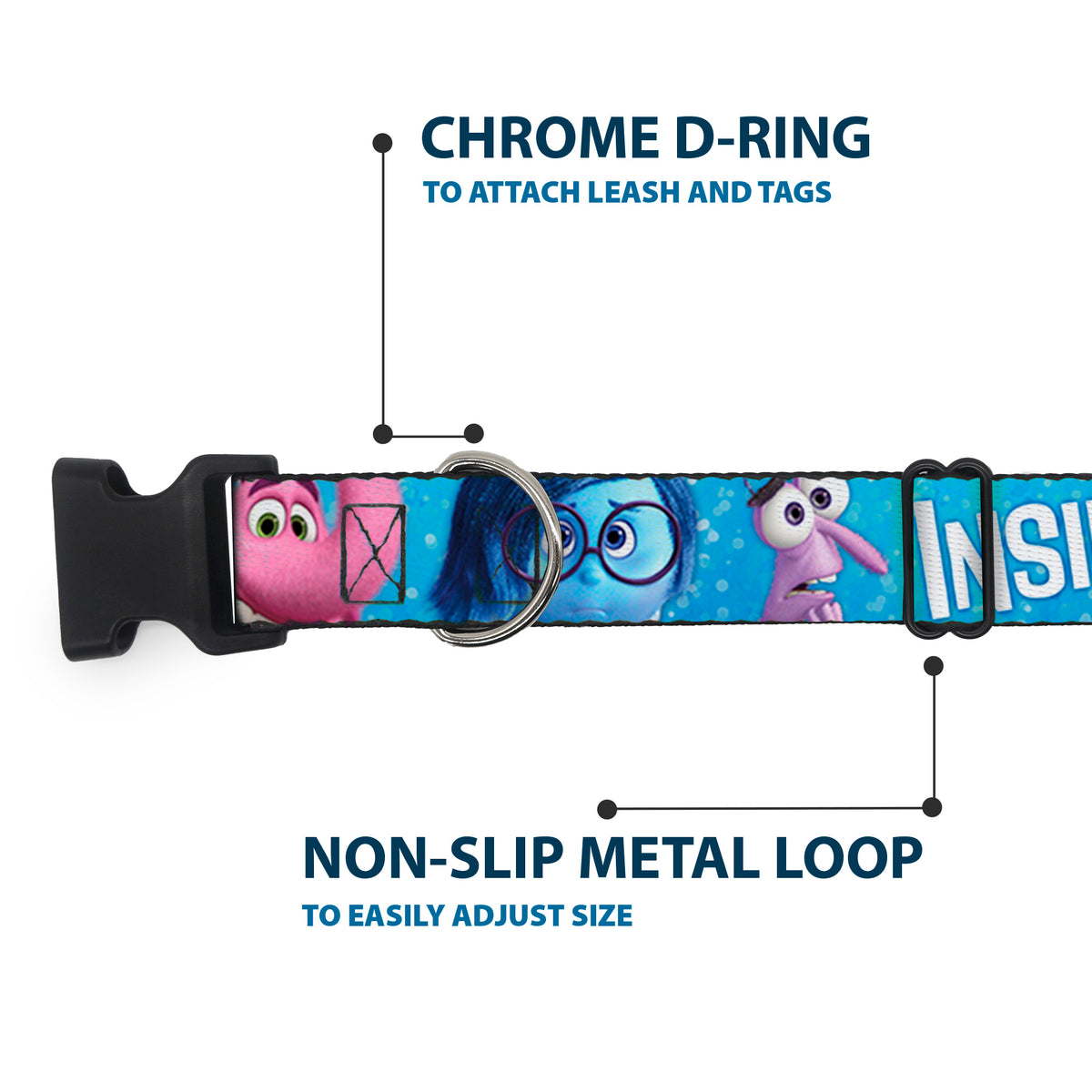 Plastic Clip Collar - INSIDE OUT 6-Character Pose Sparkle Blue/White Dog Collars Plastic Clip Side Release Disney