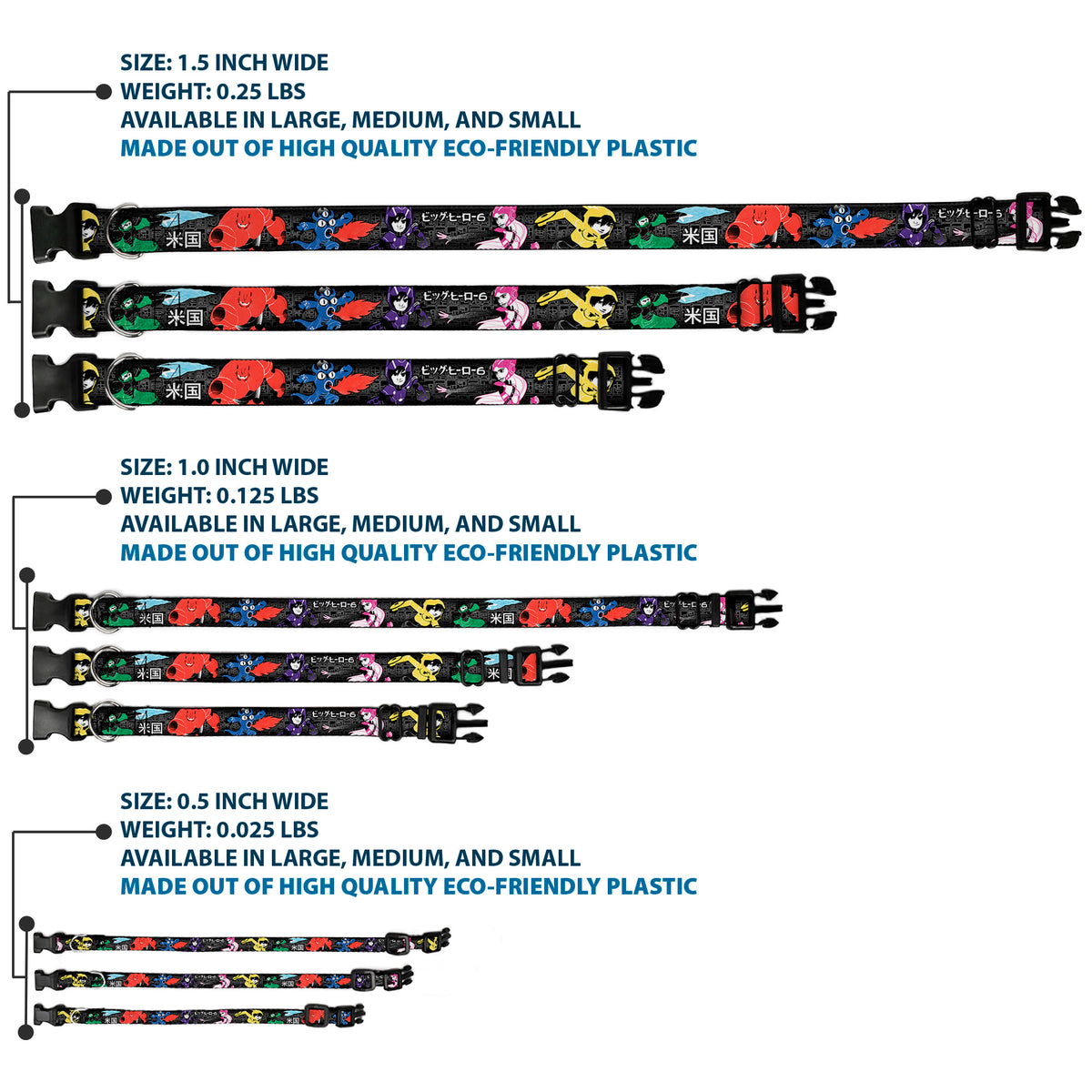 Plastic Clip Collar - Big Hero 6 Group Action Pose/Name Blocks Black/Gray/Multi Color Dog Collars Plastic Clip Side Release Disney