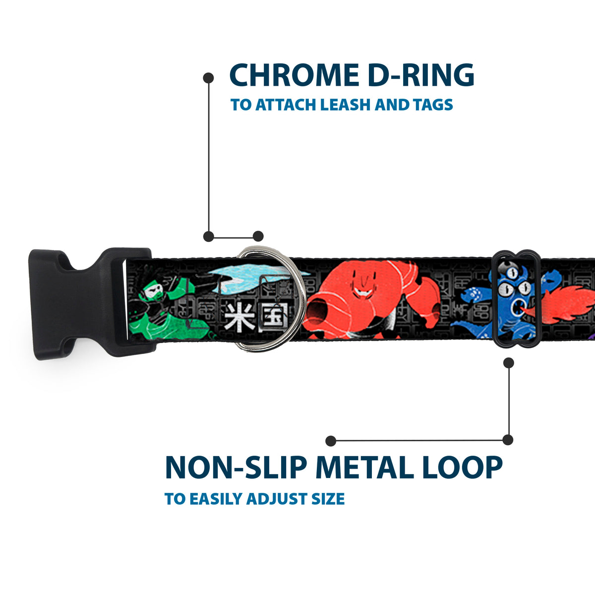 Plastic Clip Collar - Big Hero 6 Group Action Pose/Name Blocks Black/Gray/Multi Color Dog Collars Plastic Clip Side Release Disney