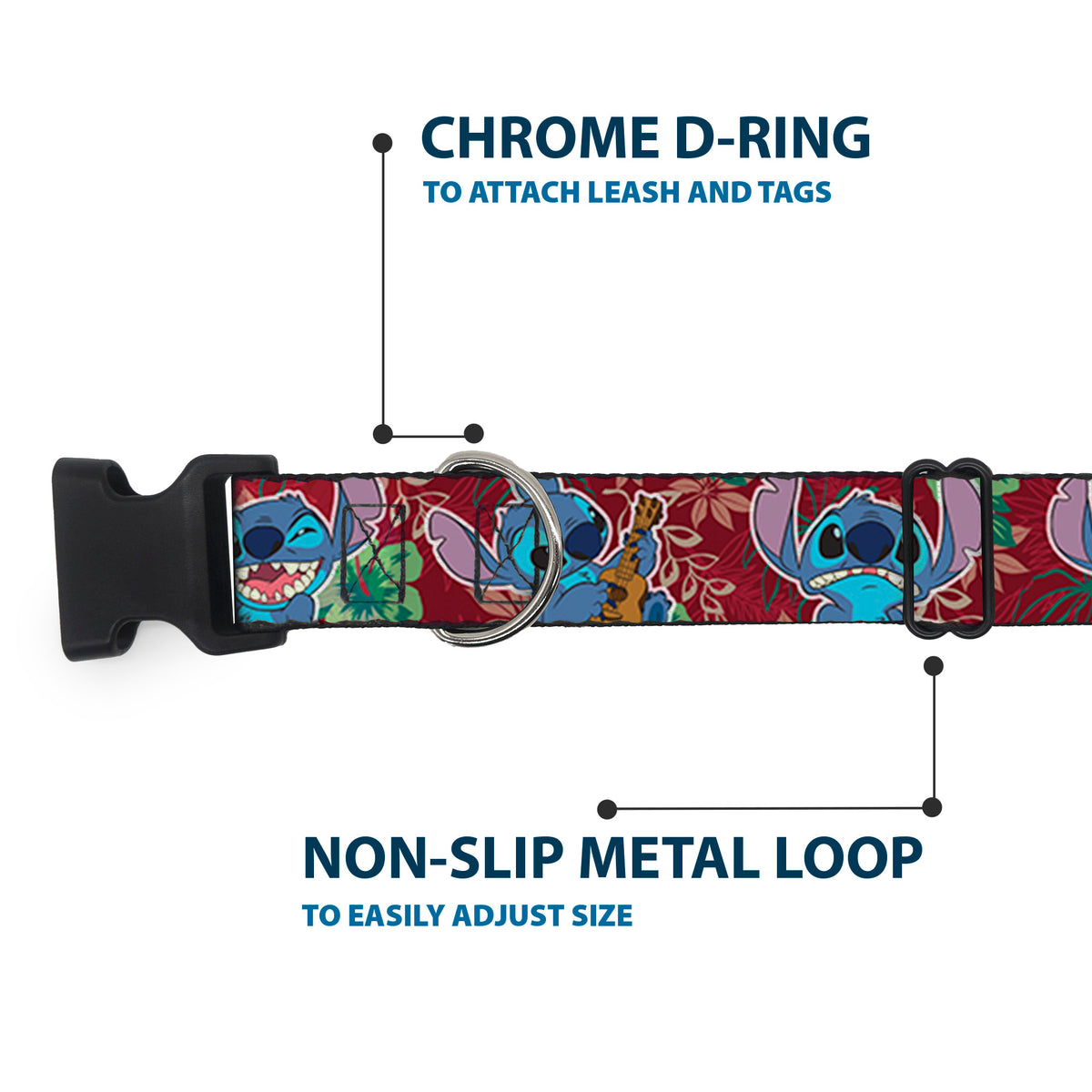 Plastic Clip Collar - Stitch 6-Expressions Tropical Flora Burgundy Reds/Greens Dog Collars Plastic Clip Side Release Disney