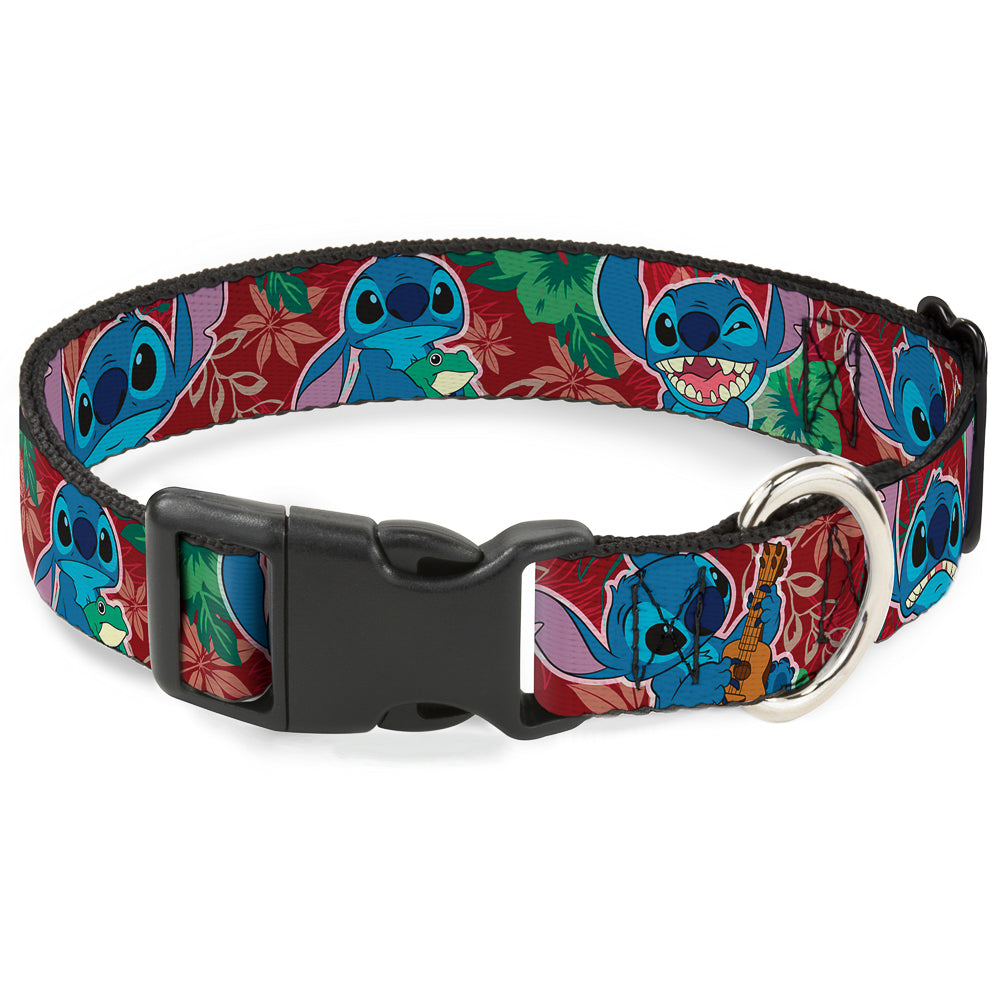 Plastic Clip Collar - Stitch 6-Expressions Tropical Flora Burgundy Reds/Greens Dog Collars Plastic Clip Side Release Disney