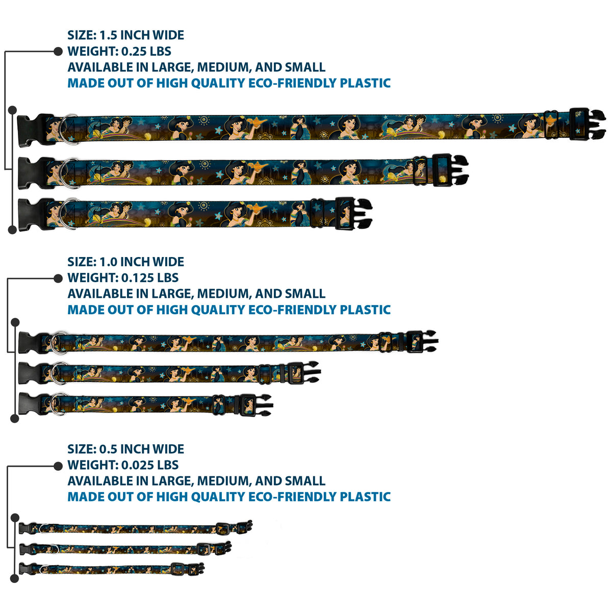 Plastic Clip Collar - Jasmine & Aladdin Carpet Ride/Jasmine Poses/Flowers Dog Collars Plastic Clip Side Release Disney