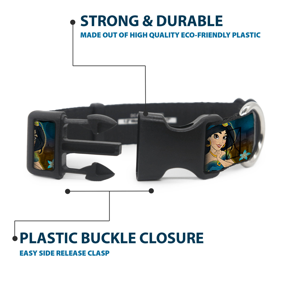 Plastic Clip Collar - Jasmine & Aladdin Carpet Ride/Jasmine Poses/Flowers Dog Collars Plastic Clip Side Release Disney