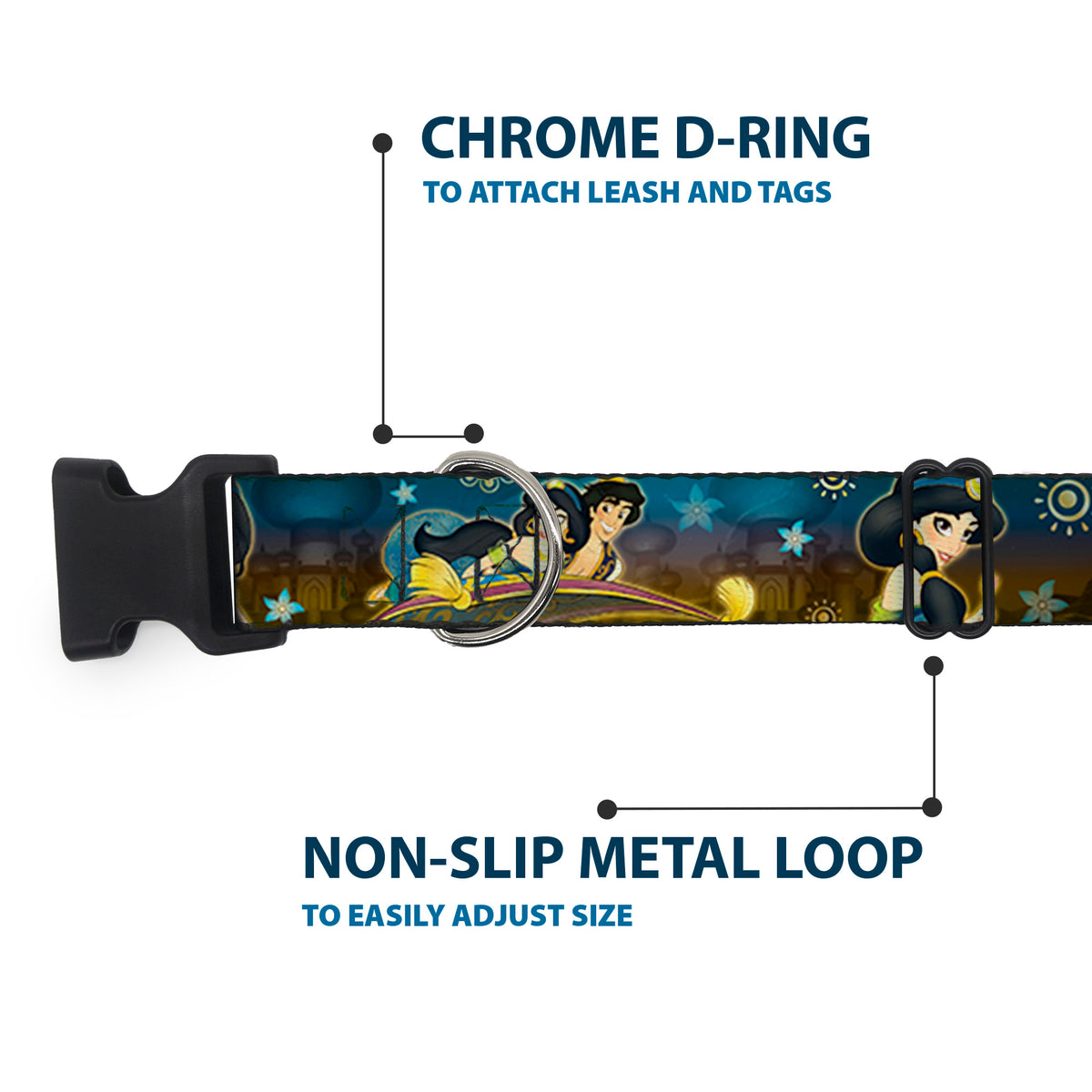 Plastic Clip Collar - Jasmine & Aladdin Carpet Ride/Jasmine Poses/Flowers Dog Collars Plastic Clip Side Release Disney