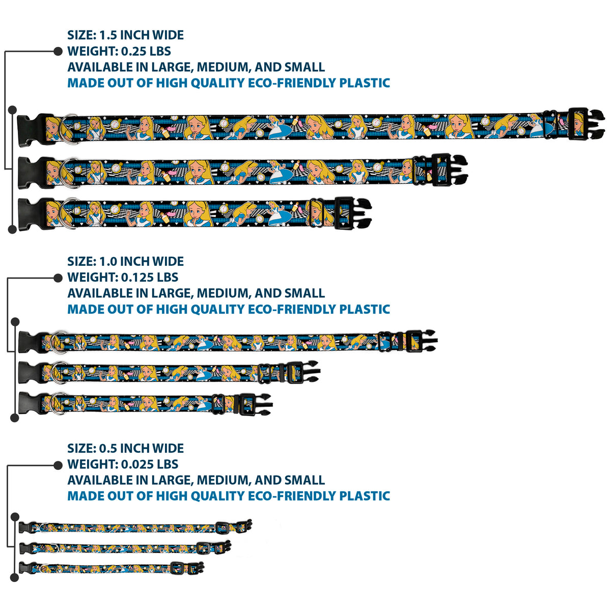 Plastic Clip Collar - Alice in Wonderland Poses/Clock/Bottle Diamond/Stripe Black/White/Blues Dog Collars Plastic Clip Side Release Disney