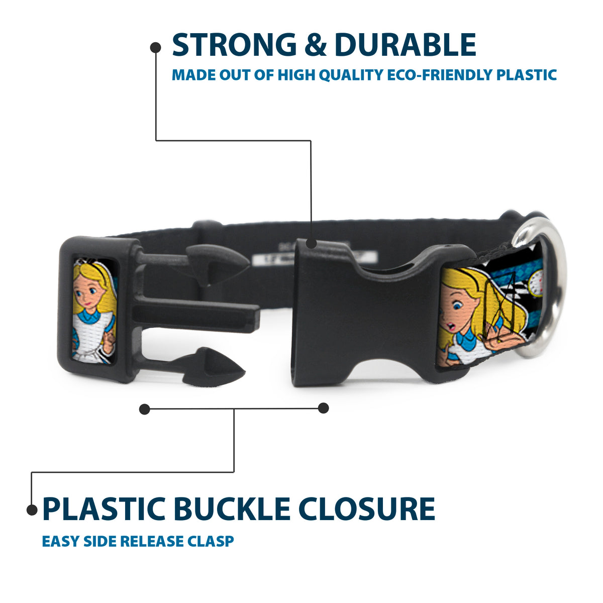 Plastic Clip Collar - Alice in Wonderland Poses/Clock/Bottle Diamond/Stripe Black/White/Blues Dog Collars Plastic Clip Side Release Disney