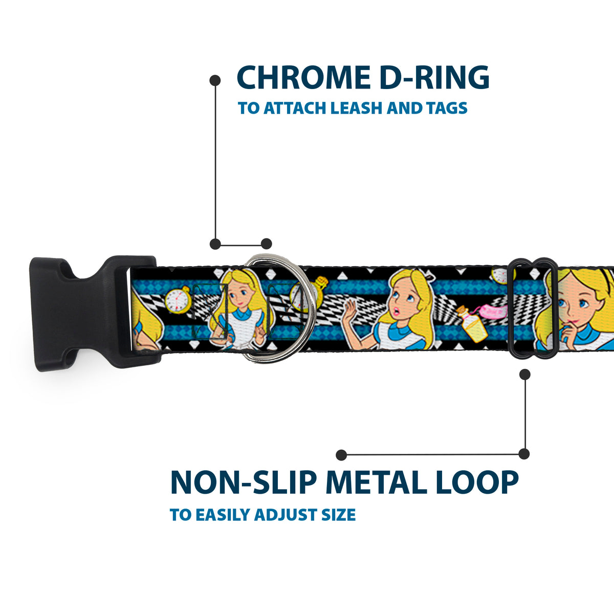 Plastic Clip Collar - Alice in Wonderland Poses/Clock/Bottle Diamond/Stripe Black/White/Blues Dog Collars Plastic Clip Side Release Disney