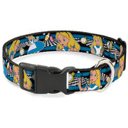 Plastic Clip Collar - Alice in Wonderland Poses/Clock/Bottle Diamond/Stripe Black/White/Blues Dog Collars Plastic Clip Side Release Disney
