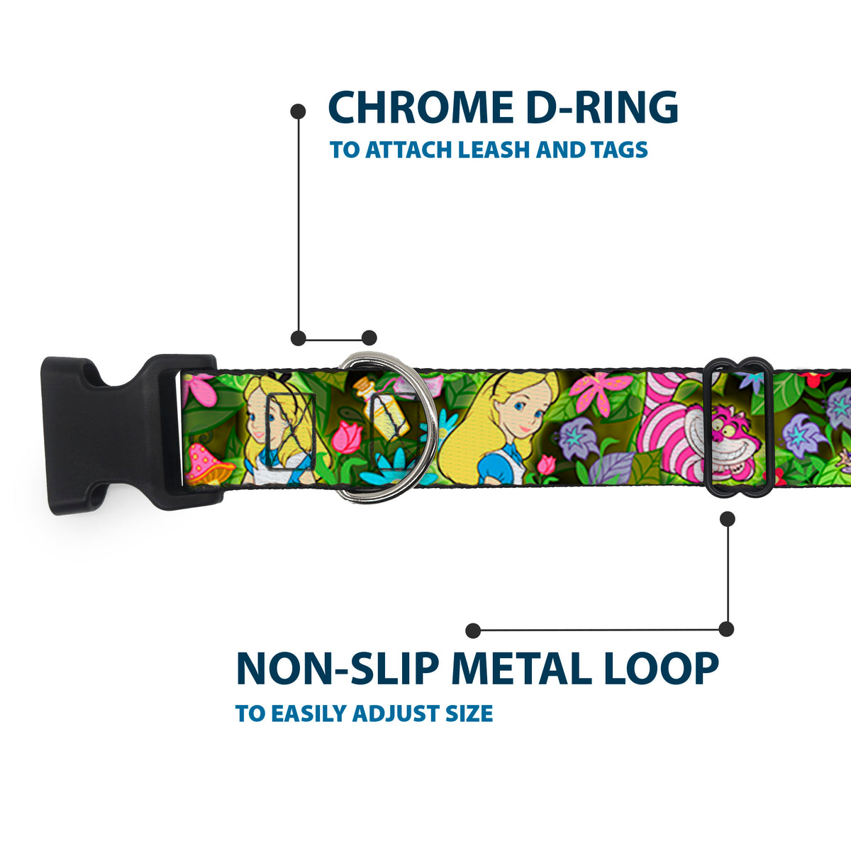 Plastic Clip Collar - Alice & Cheshire Cat Poses/Flowers Dog Collars Plastic Clip Side Release Disney