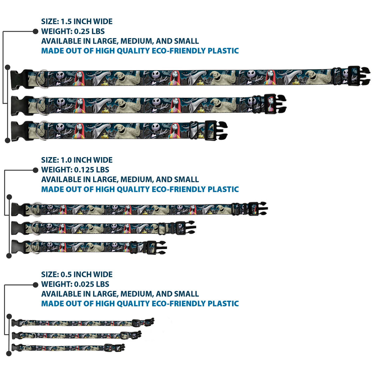 Plastic Clip Collar - Nightmare Before Christmas 4-Character Group/Cemetery Scene Dog Collars Plastic Clip Side Release Disney