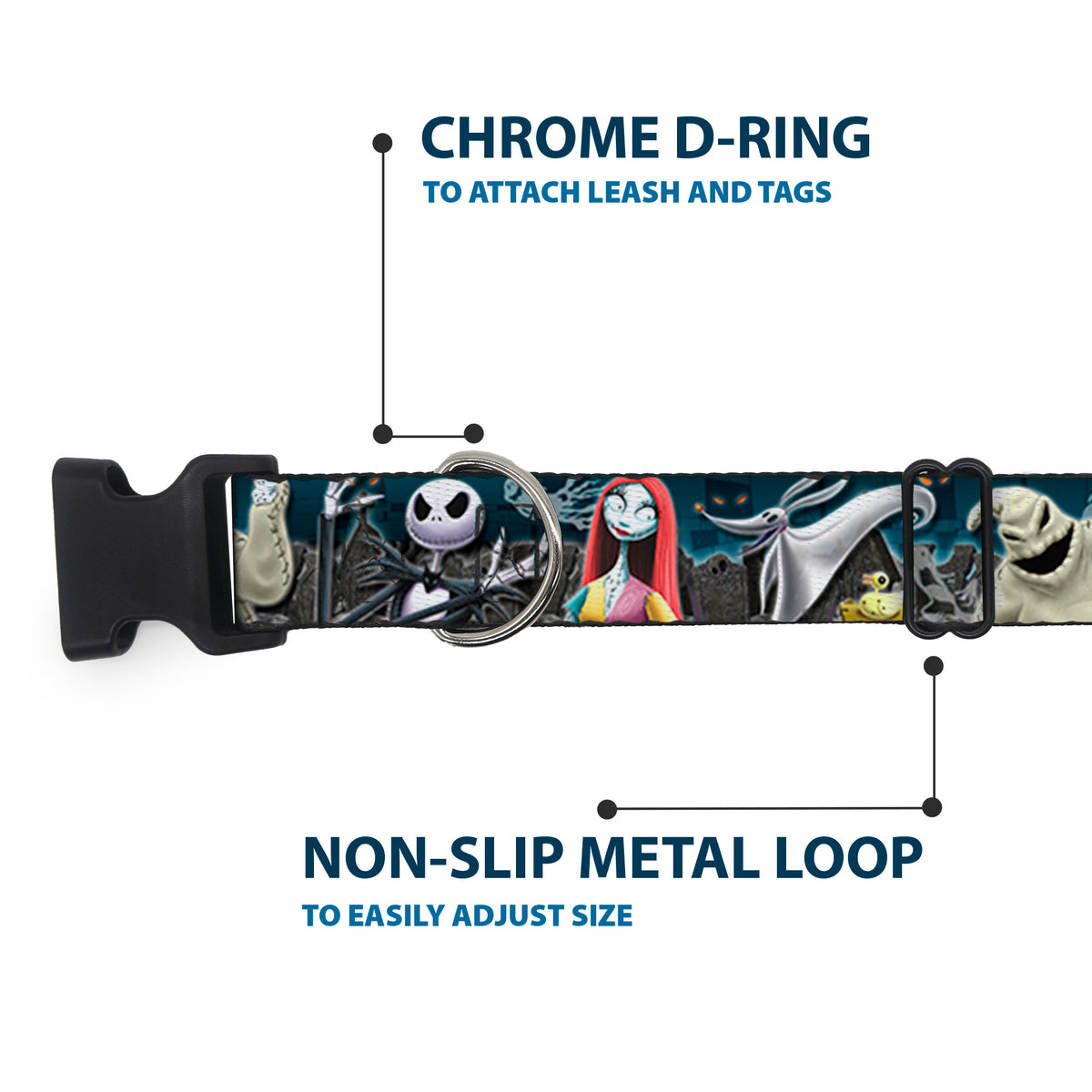 Plastic Clip Collar - Nightmare Before Christmas 4-Character Group/Cemetery Scene Dog Collars Plastic Clip Side Release Disney