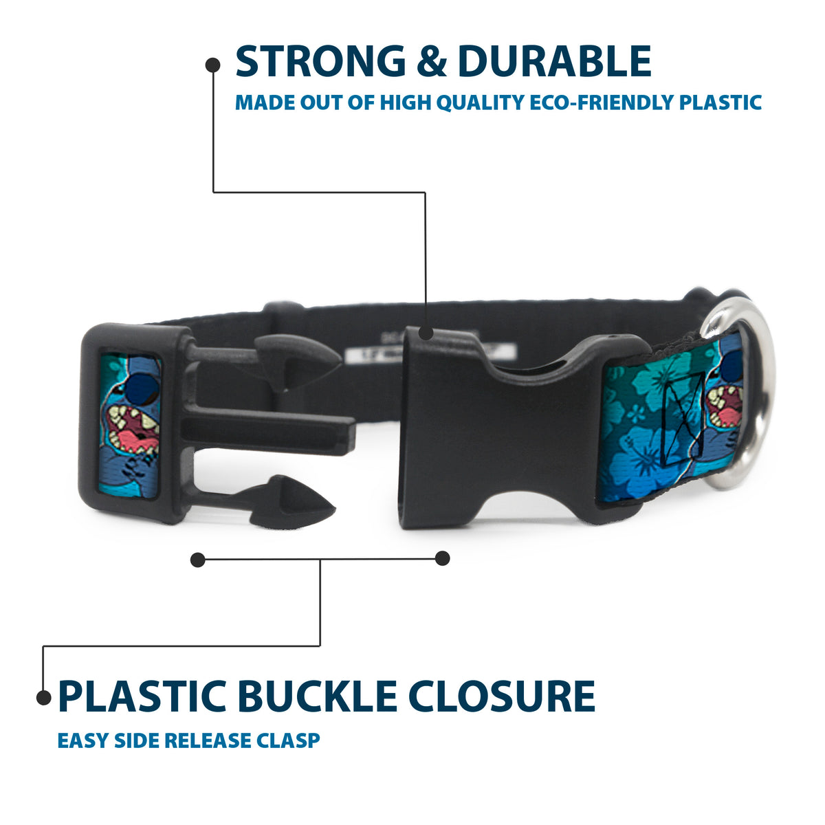 Plastic Clip Collar - Stitch Expressions/Hibiscus Collage Green-Blue Fade Dog Collars Plastic Clip Side Release Disney