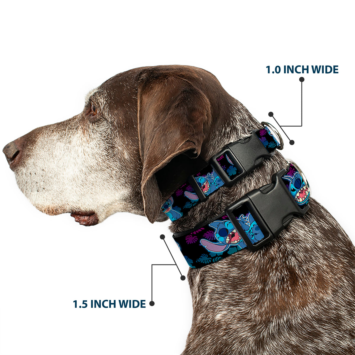 Plastic Clip Collar - Stitch 2-Expressions/2-Poses Tropical Flora Black/Purple-Blue Fade Dog Collars Plastic Clip Side Release Disney