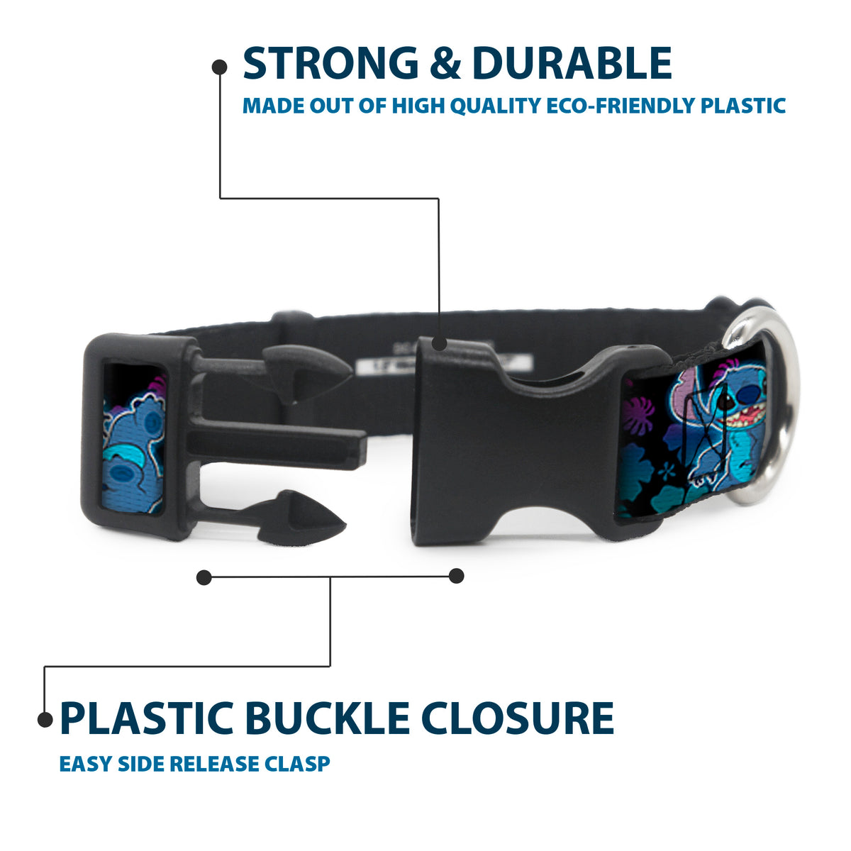 Plastic Clip Collar - Stitch 2-Expressions/2-Poses Tropical Flora Black/Purple-Blue Fade Dog Collars Plastic Clip Side Release Disney