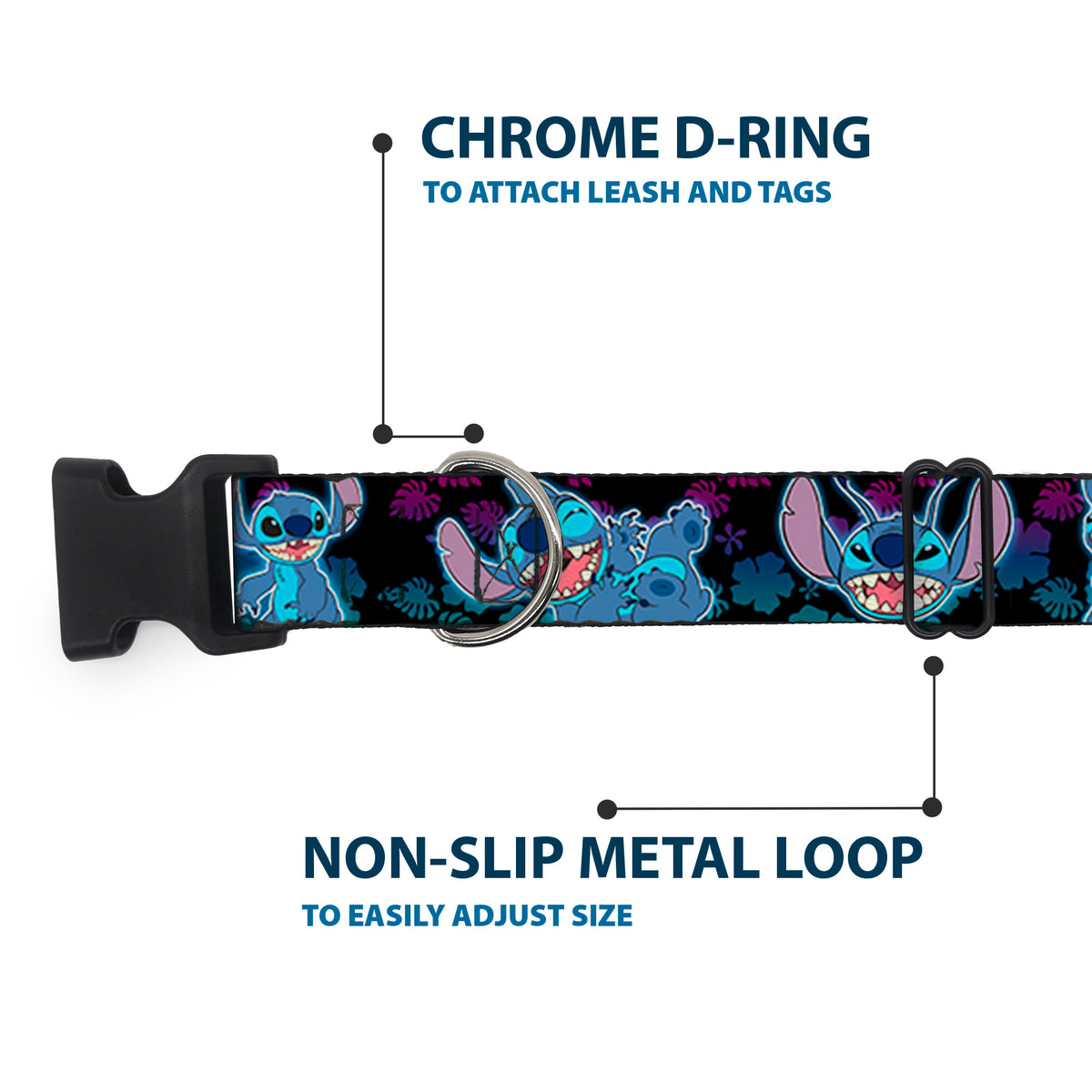 Plastic Clip Collar - Stitch 2-Expressions/2-Poses Tropical Flora Black/Purple-Blue Fade Dog Collars Plastic Clip Side Release Disney