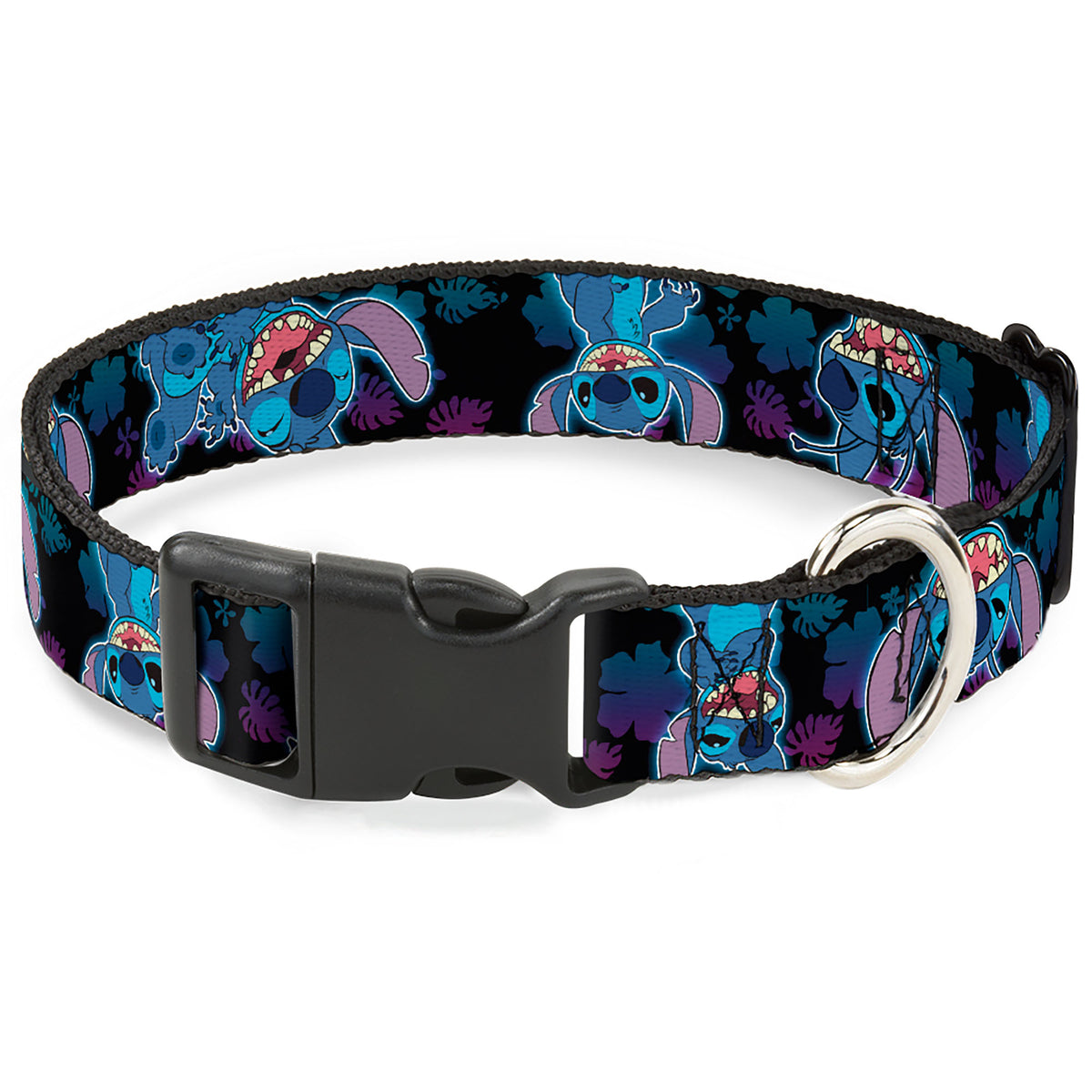 Plastic Clip Collar - Stitch 2-Expressions/2-Poses Tropical Flora Black/Purple-Blue Fade Dog Collars Plastic Clip Side Release Disney