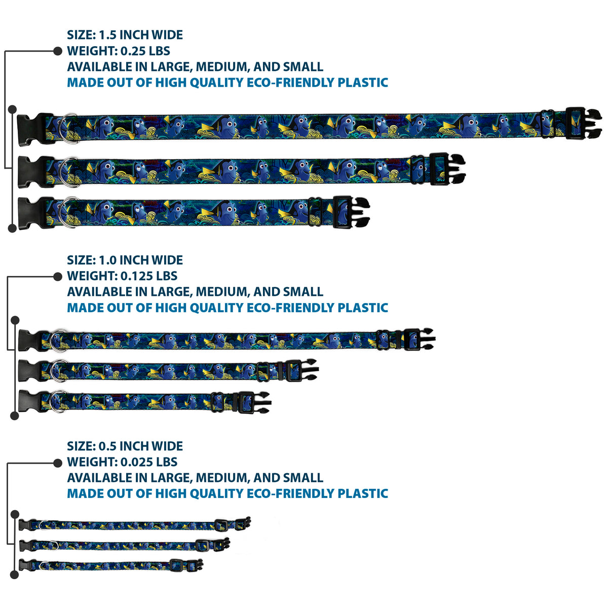 Plastic Clip Collar - Dory Poses/Swirls Blues/Yellows Dog Collars Plastic Clip Side Release Disney