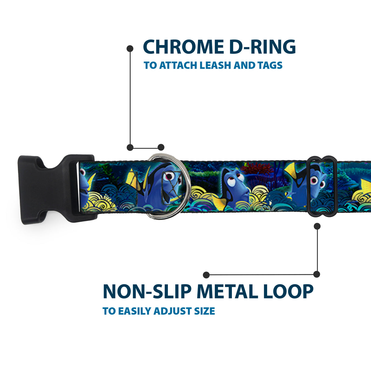Plastic Clip Collar - Dory Poses/Swirls Blues/Yellows Dog Collars Plastic Clip Side Release Disney