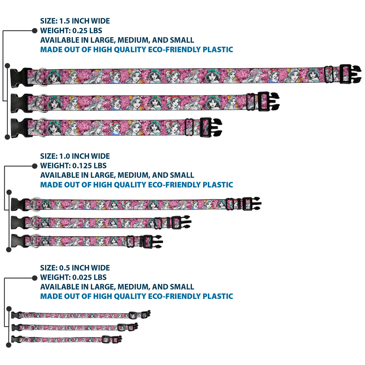 Plastic Clip Collar - Princess Sketch Poses/Floral Collage Pinks/Grays Dog Collars Plastic Clip Side Release Disney