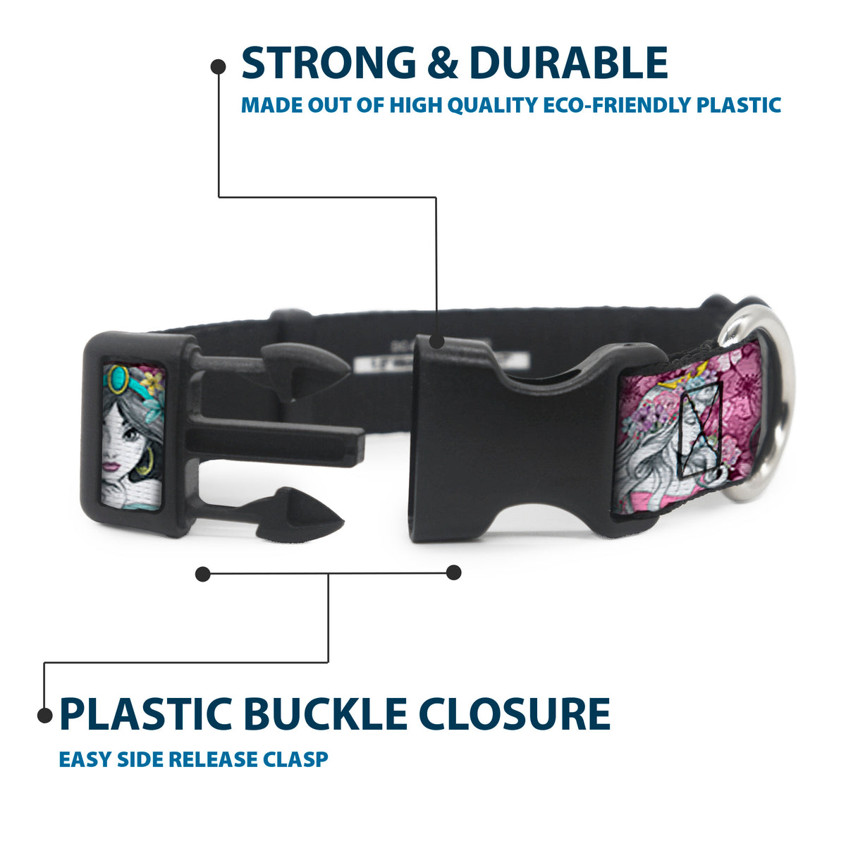 Plastic Clip Collar - Princess Sketch Poses/Floral Collage Pinks/Grays Dog Collars Plastic Clip Side Release Disney