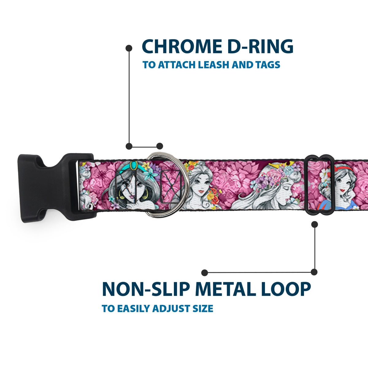 Plastic Clip Collar - Princess Sketch Poses/Floral Collage Pinks/Grays Dog Collars Plastic Clip Side Release Disney