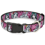 Plastic Clip Collar - Princess Sketch Poses/Floral Collage Pinks/Grays Dog Collars Plastic Clip Side Release Disney