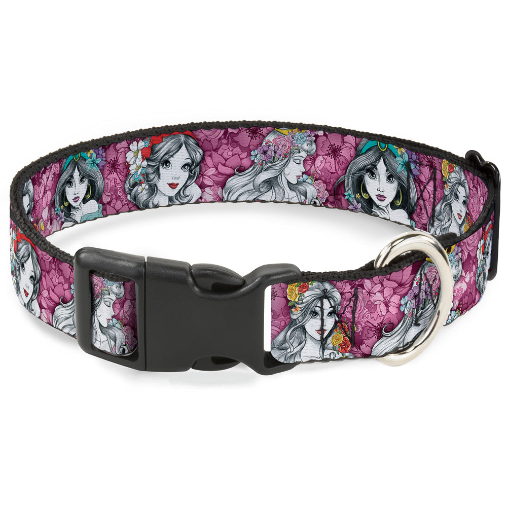 Plastic Clip Collar - Princess Sketch Poses/Floral Collage Pinks/Grays Dog Collars Plastic Clip Side Release Disney